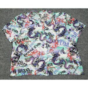 Rue21 Top Womens 2X Multicolor Dragon Butterfly Short Sleeve Button Up Rayon New